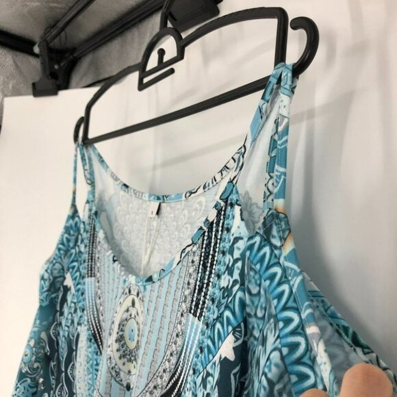 NWT teal blue cold  shoulder peacock print dress small - Picture 9 of 16